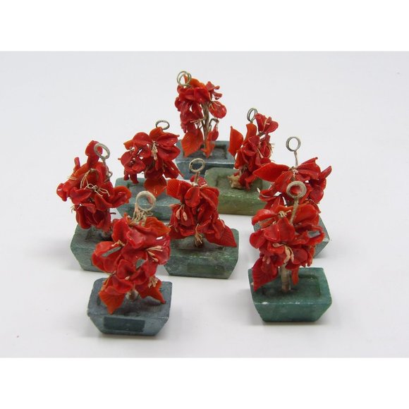 Vintage Place Card Holders Poinsettia Flowers with Red Glass Petals in Green Sto - Picture 2 of 10